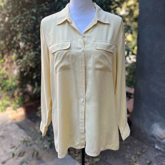 J.JILL SOLID 100% SILK LONG SLEEVE BUTTON DOWN SHIRT CHEST POCKETS YELLOW SIZE M - Picture 2 of 11